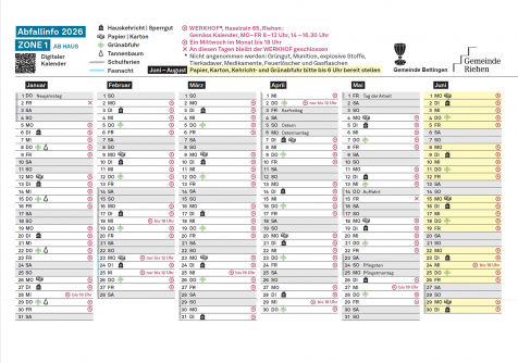 Kalender 2026 - Zone 1, Januar - Juni