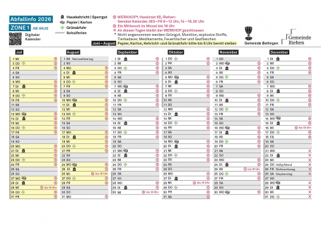 Kalender 2026 - Zone 1, Juli - Dezember