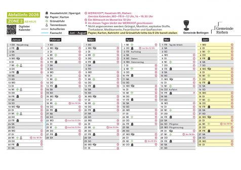 Kalender 2026 - Zone 2, Januar - Juni